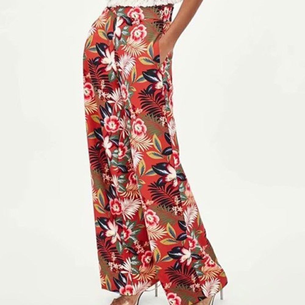 Zara Floral Wide Leg Floral Tropical (VACATION) Palazzo Pants Sz Medium